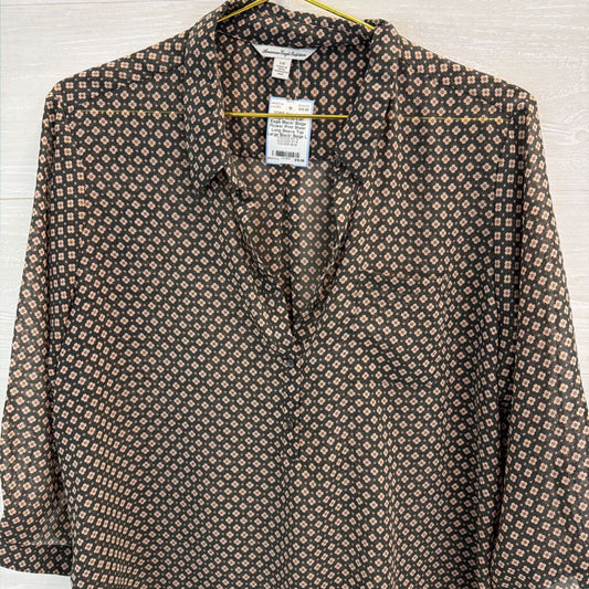 American Eagle Black/ Beige Flower Print Sheer Long Sleeve Top Large