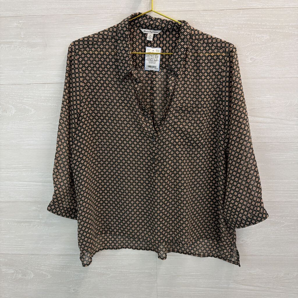 American Eagle Black/ Beige Flower Print Sheer Long Sleeve Top Large