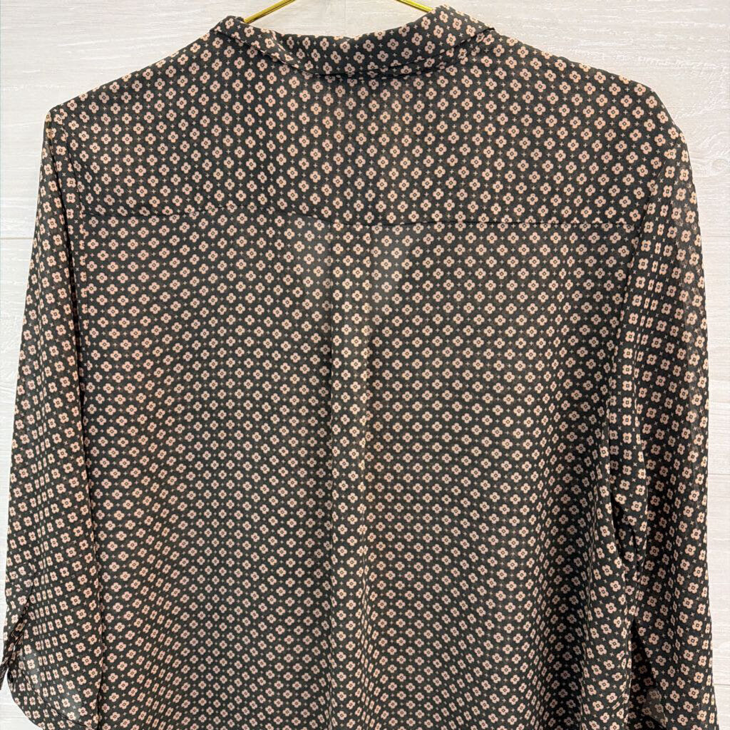 American Eagle Black/ Beige Flower Print Sheer Long Sleeve Top Large
