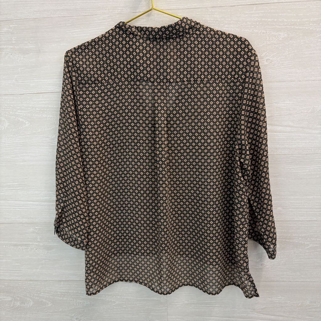 American Eagle Black/ Beige Flower Print Sheer Long Sleeve Top Large