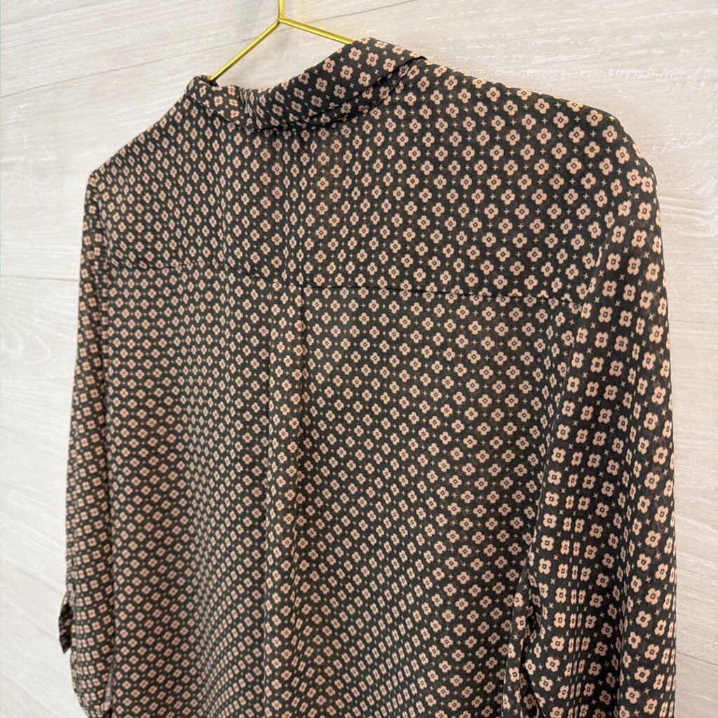 American Eagle Black/ Beige Flower Print Sheer Long Sleeve Top Large