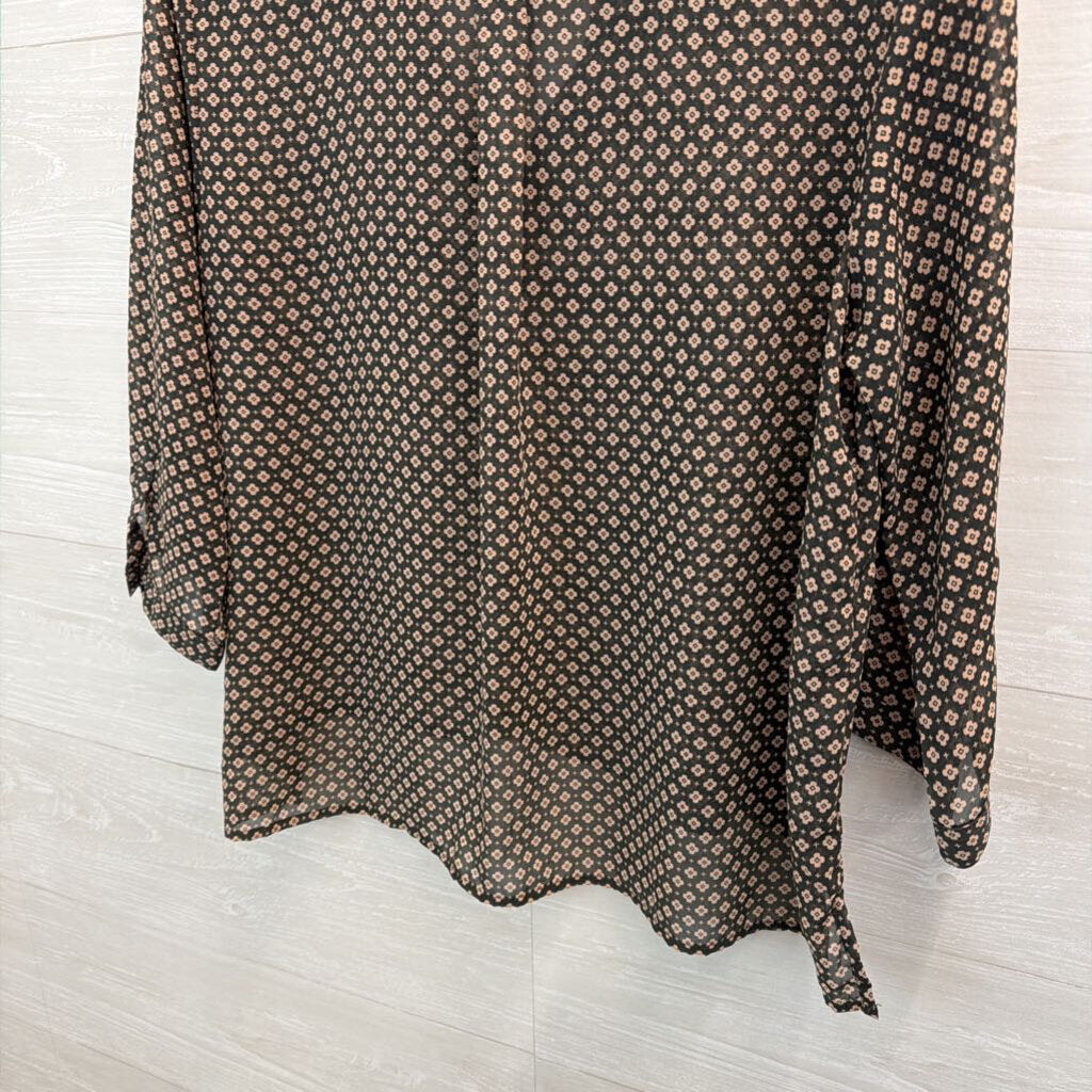 American Eagle Black/ Beige Flower Print Sheer Long Sleeve Top Large