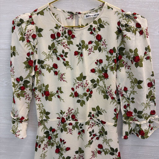 Reformation White/ Red Rose Print Long Sleeve Dress 6