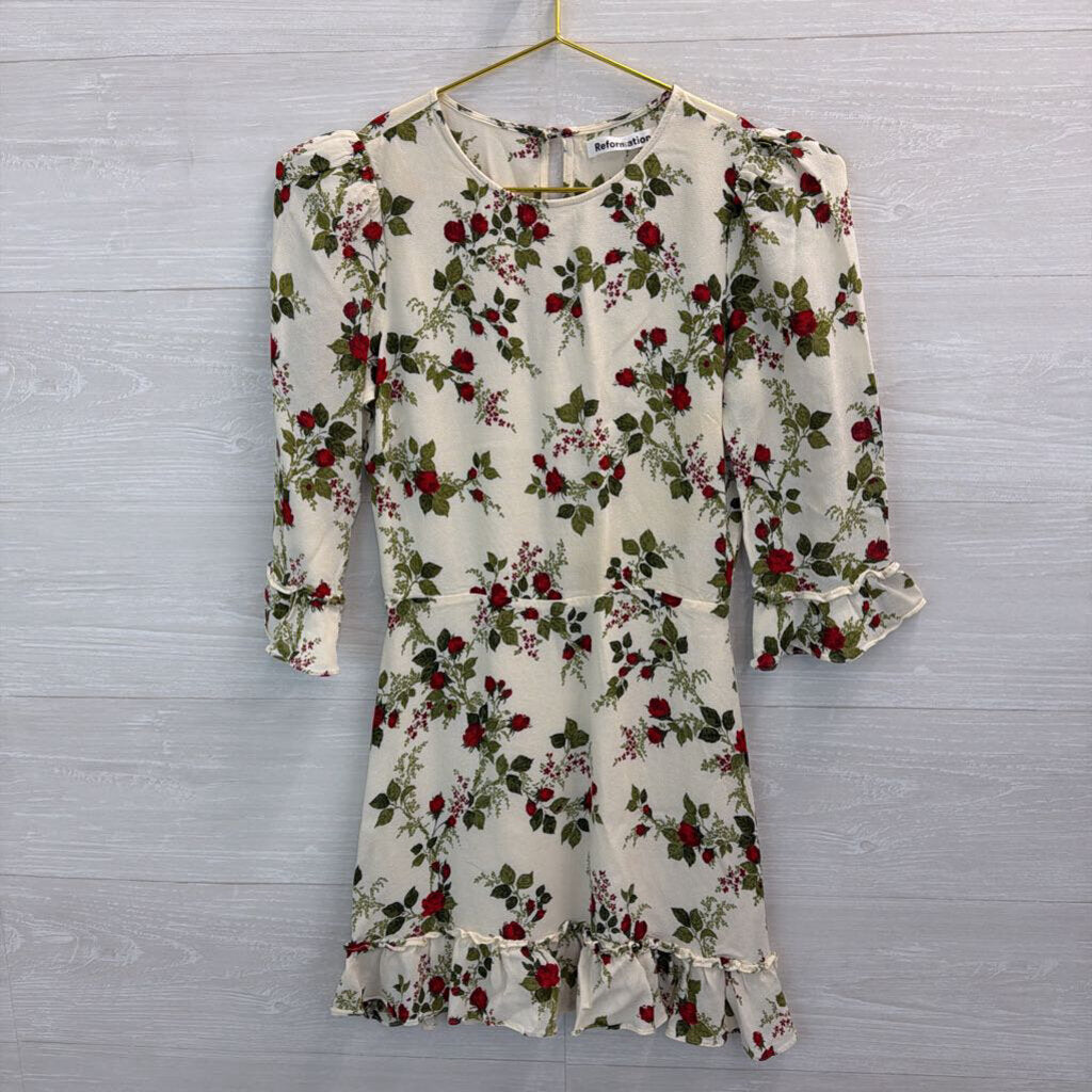 Reformation White/ Red Rose Print Long Sleeve Dress 6