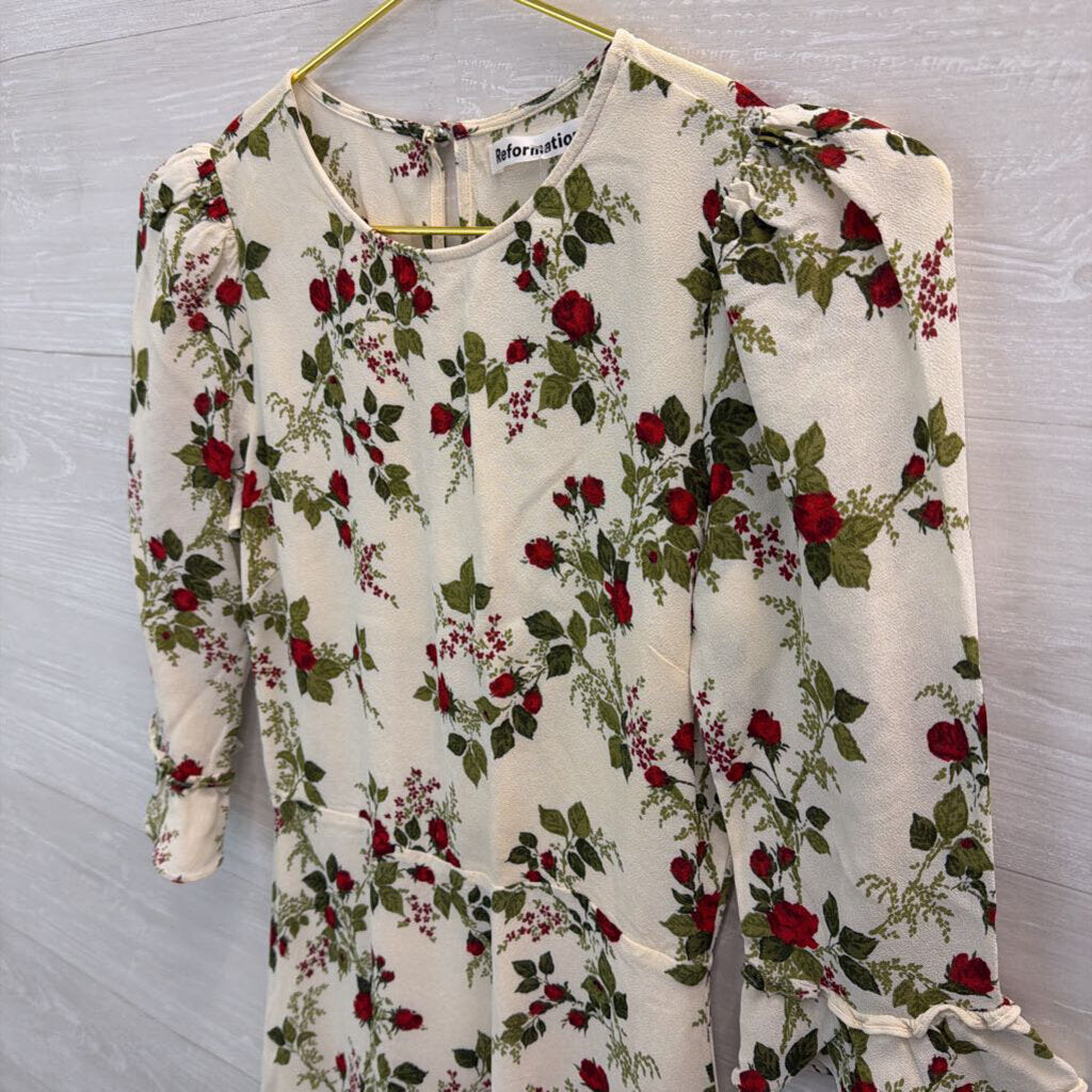 Reformation White/ Red Rose Print Long Sleeve Dress 6