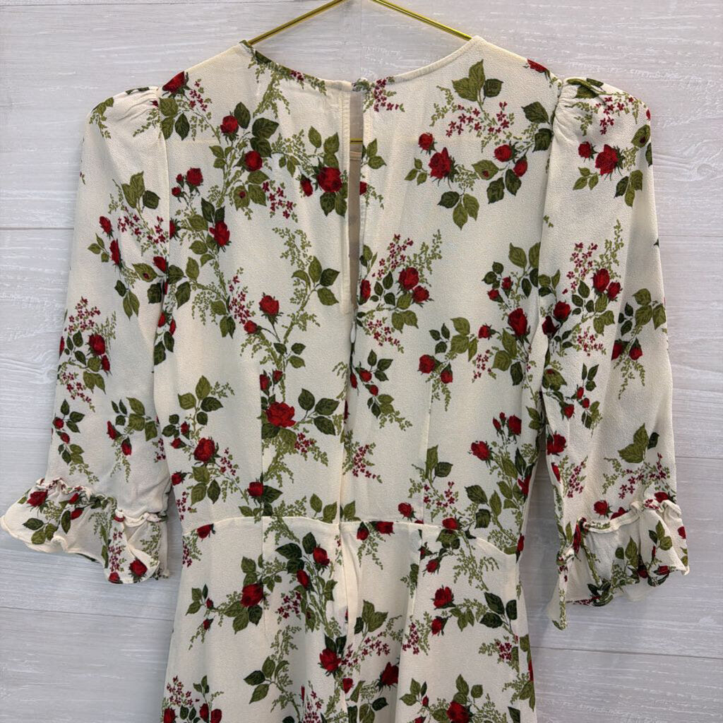 Reformation White/ Red Rose Print Long Sleeve Dress 6