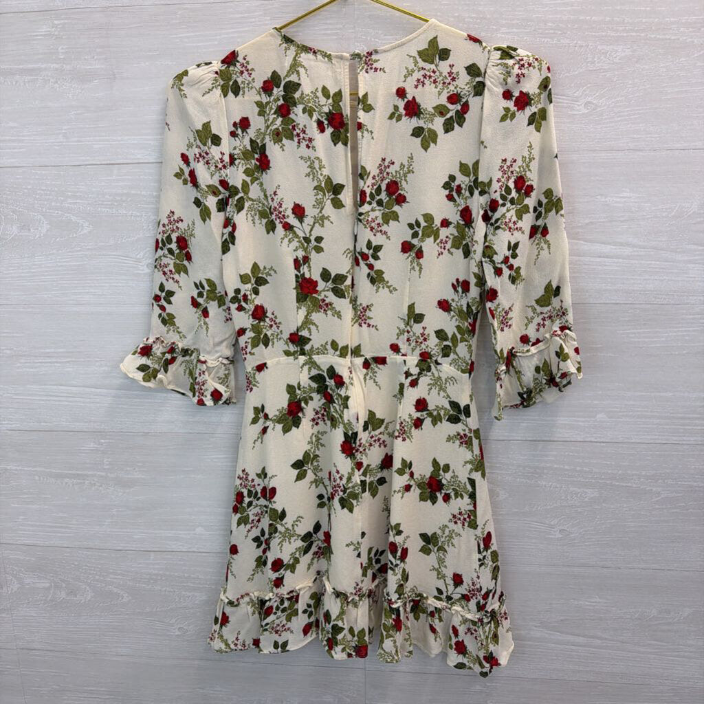 Reformation White/ Red Rose Print Long Sleeve Dress 6