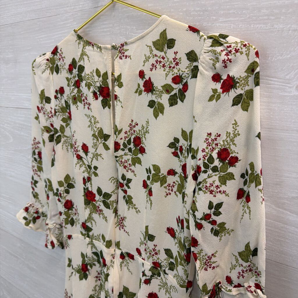 Reformation White/ Red Rose Print Long Sleeve Dress 6
