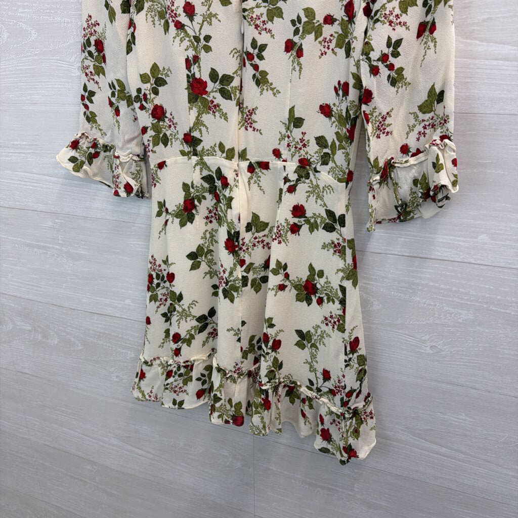 Reformation White/ Red Rose Print Long Sleeve Dress 6