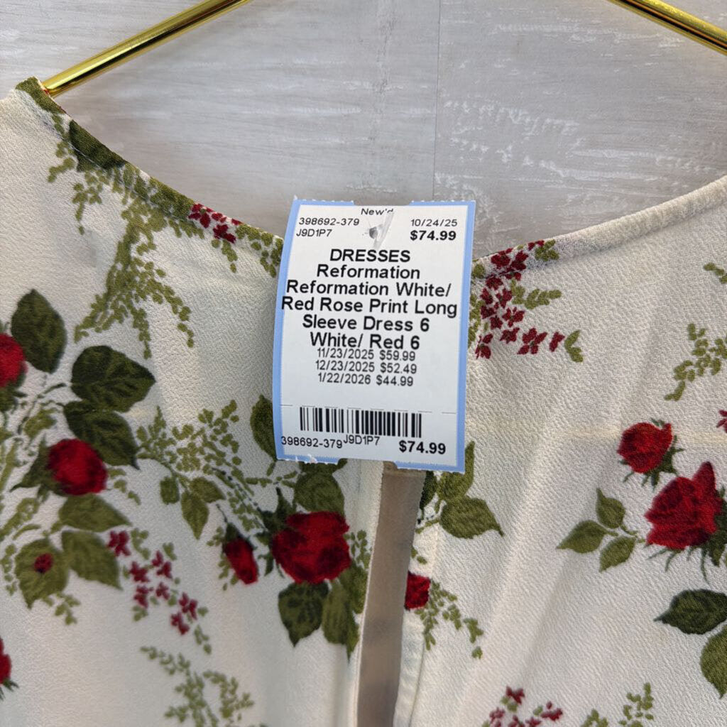 Reformation White/ Red Rose Print Long Sleeve Dress 6