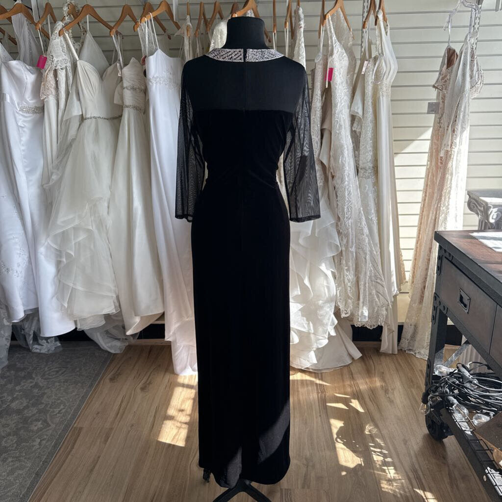 Alex Evenings Black Velvet Embellished Neckline Long Sleeve Long Formal Dress 14