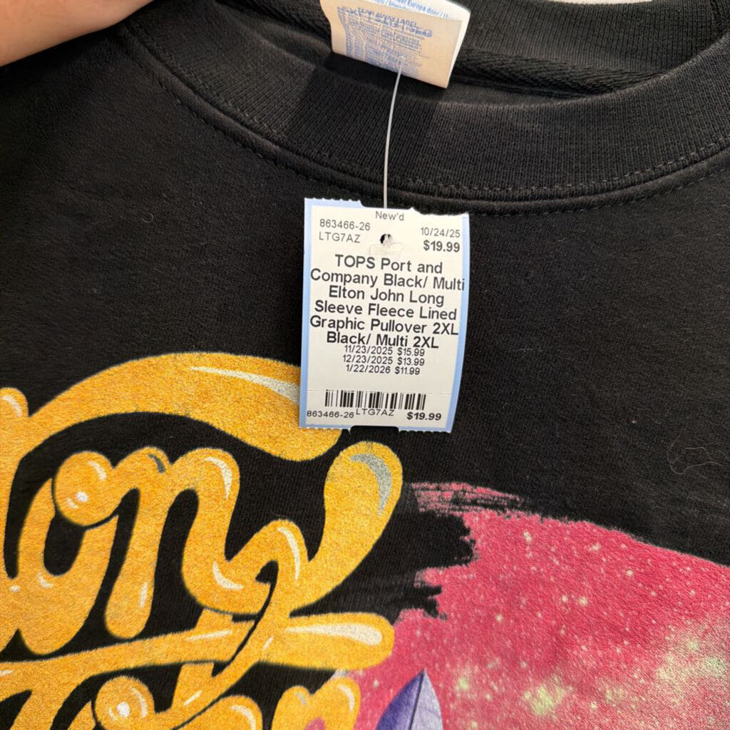 Black/ Multi Elton John Long Sleeve Fleece Lined Graphic Pullover 2XL