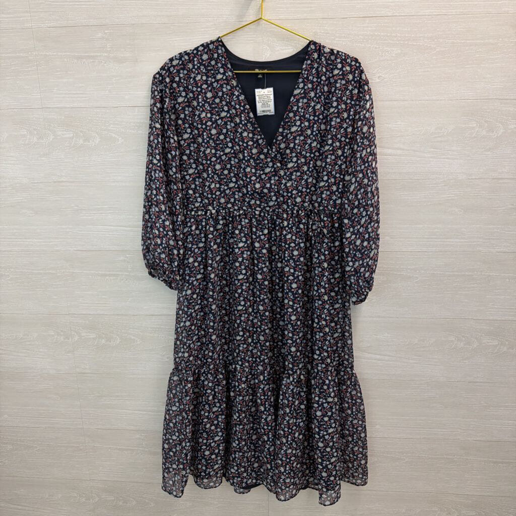 Madewell Navy/ Multi Floral Print Long Sleeve Dress Extra Small