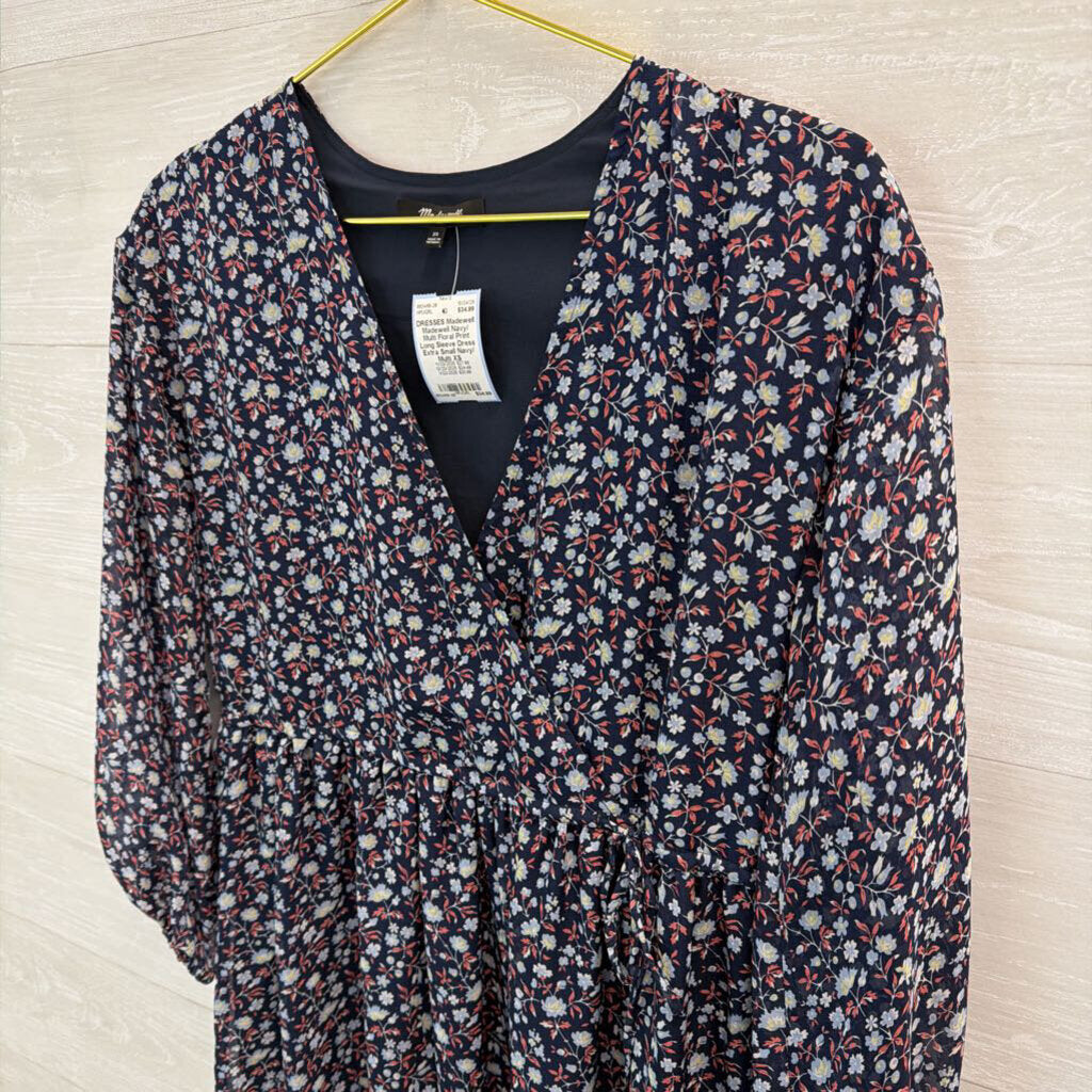 Madewell Navy/ Multi Floral Print Long Sleeve Dress Extra Small