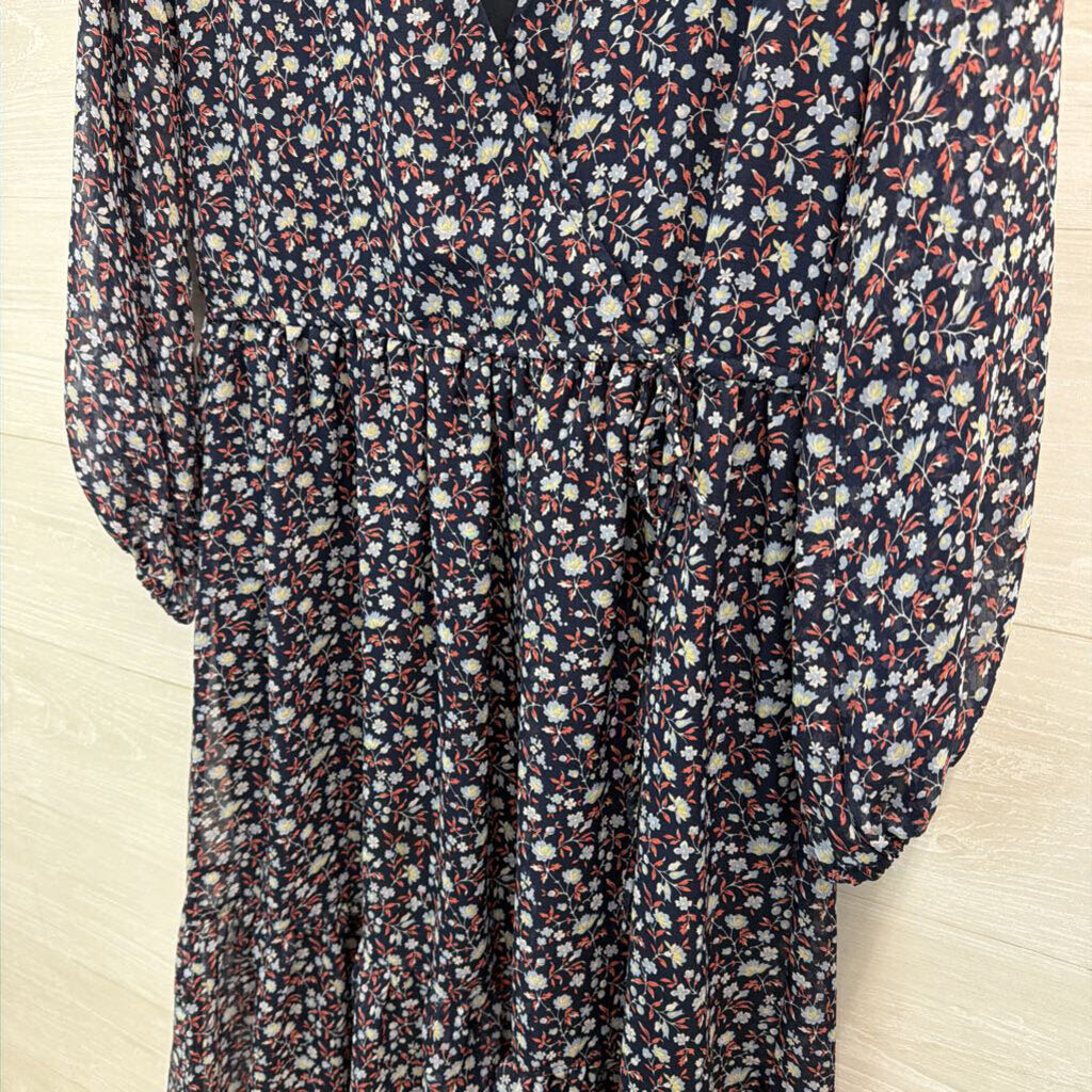 Madewell Navy/ Multi Floral Print Long Sleeve Dress Extra Small