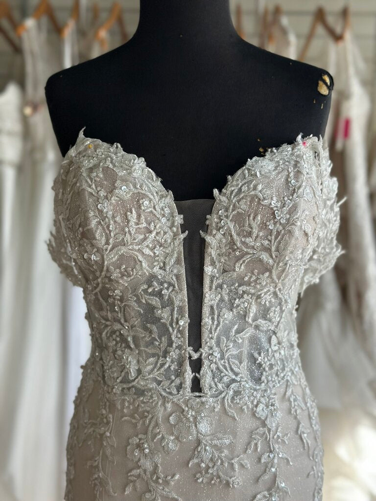 Maggie Sottero Ivory/ Pewter Embellished Lace Fit and Flare Bridal Gown 10