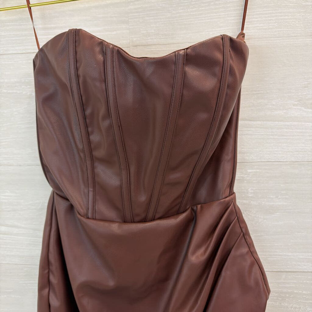 Brown Leather Strapless Corset Style Mini Dress Small