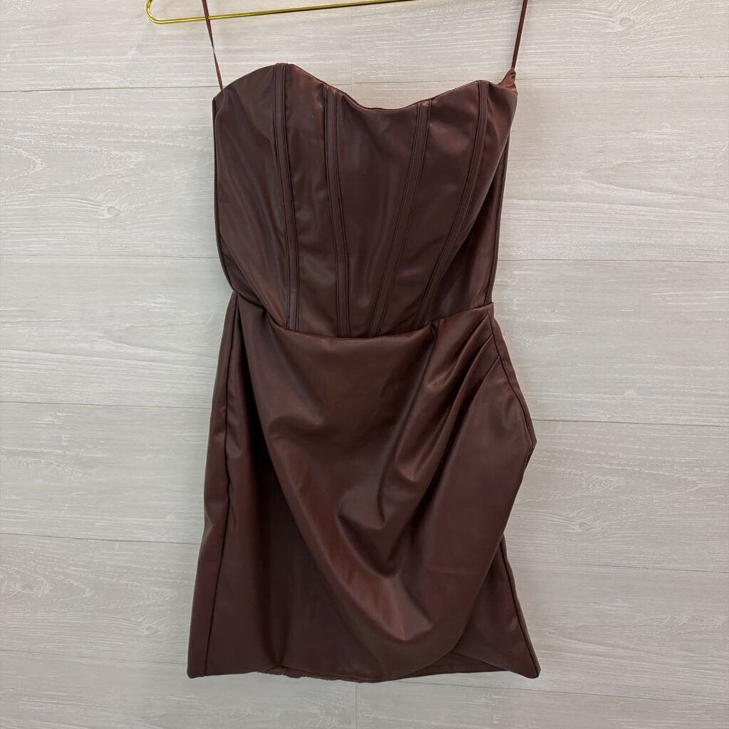 Brown Leather Strapless Corset Style Mini Dress Small