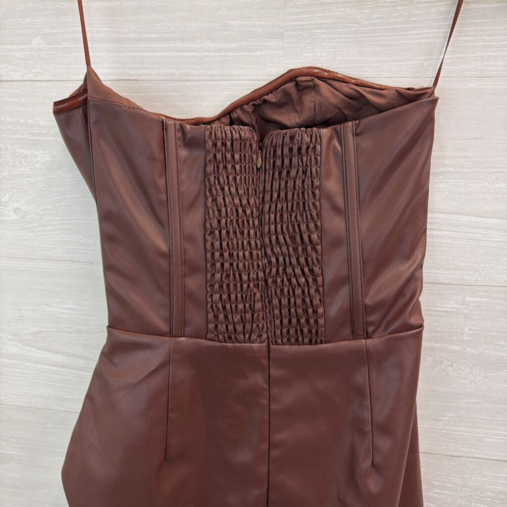Brown Leather Strapless Corset Style Mini Dress Small