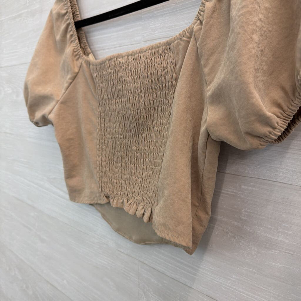 Kirious Light Brown Short Puff Sleeve Corset Style Cropped Top Medium