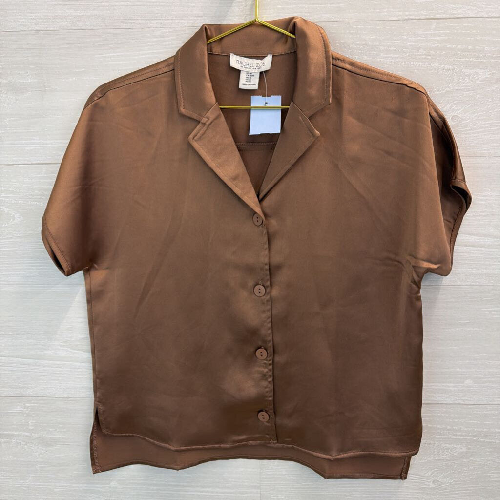 Rachel Zoe Brown Silky Short Sleeve Button Down Top Medium