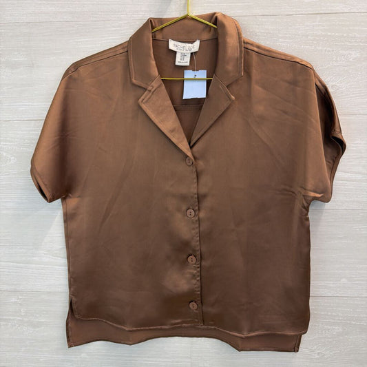 Rachel Zoe Brown Silky Short Sleeve Button Down Top Medium