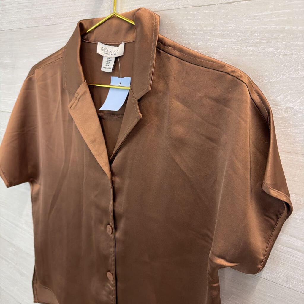 Rachel Zoe Brown Silky Short Sleeve Button Down Top Medium