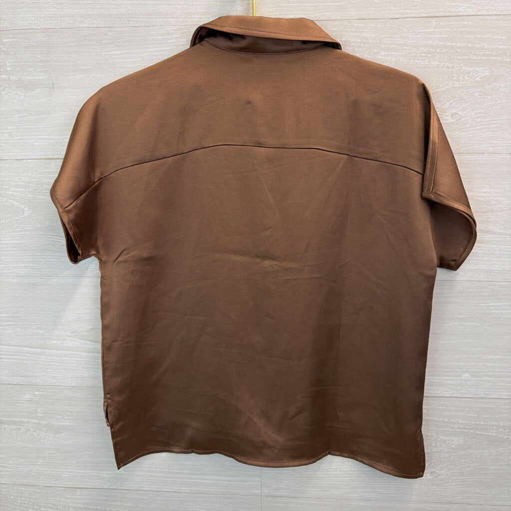 Rachel Zoe Brown Silky Short Sleeve Button Down Top Medium