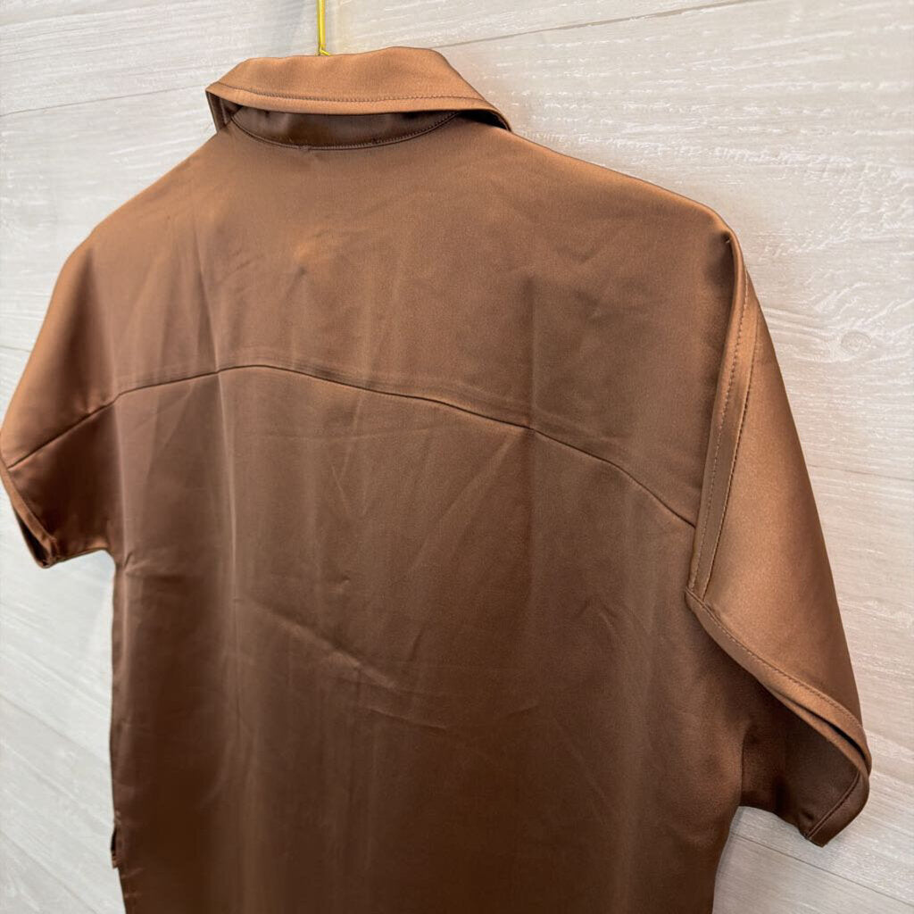 Rachel Zoe Brown Silky Short Sleeve Button Down Top Medium