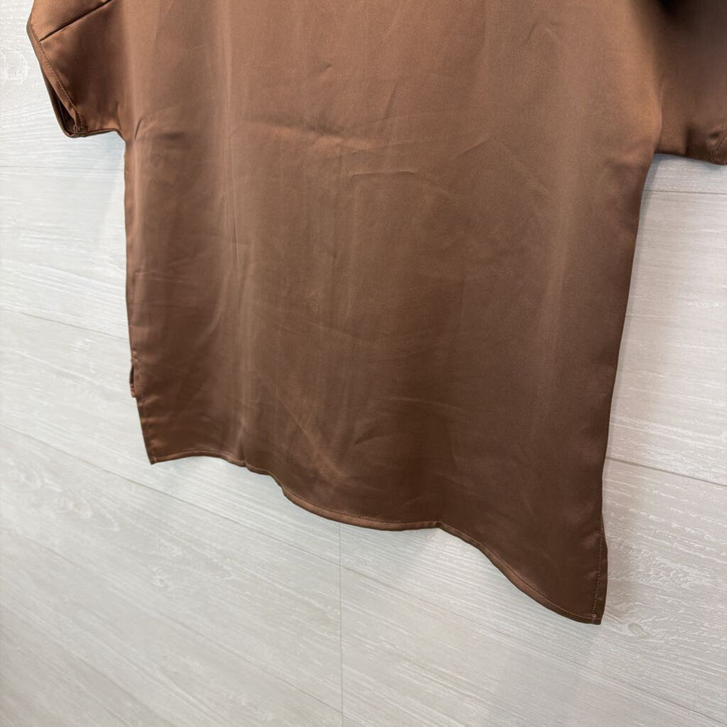 Rachel Zoe Brown Silky Short Sleeve Button Down Top Medium