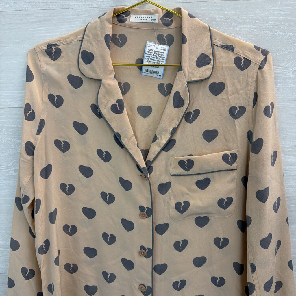 Equipment BLush/ Grey Broken Heart Print 100% Silk Long Sleeve Button Down Top Extra Small