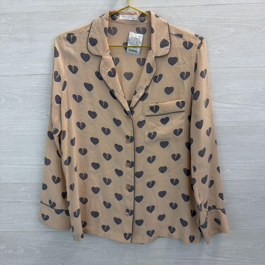 Equipment BLush/ Grey Broken Heart Print 100% Silk Long Sleeve Button Down Top Extra Small