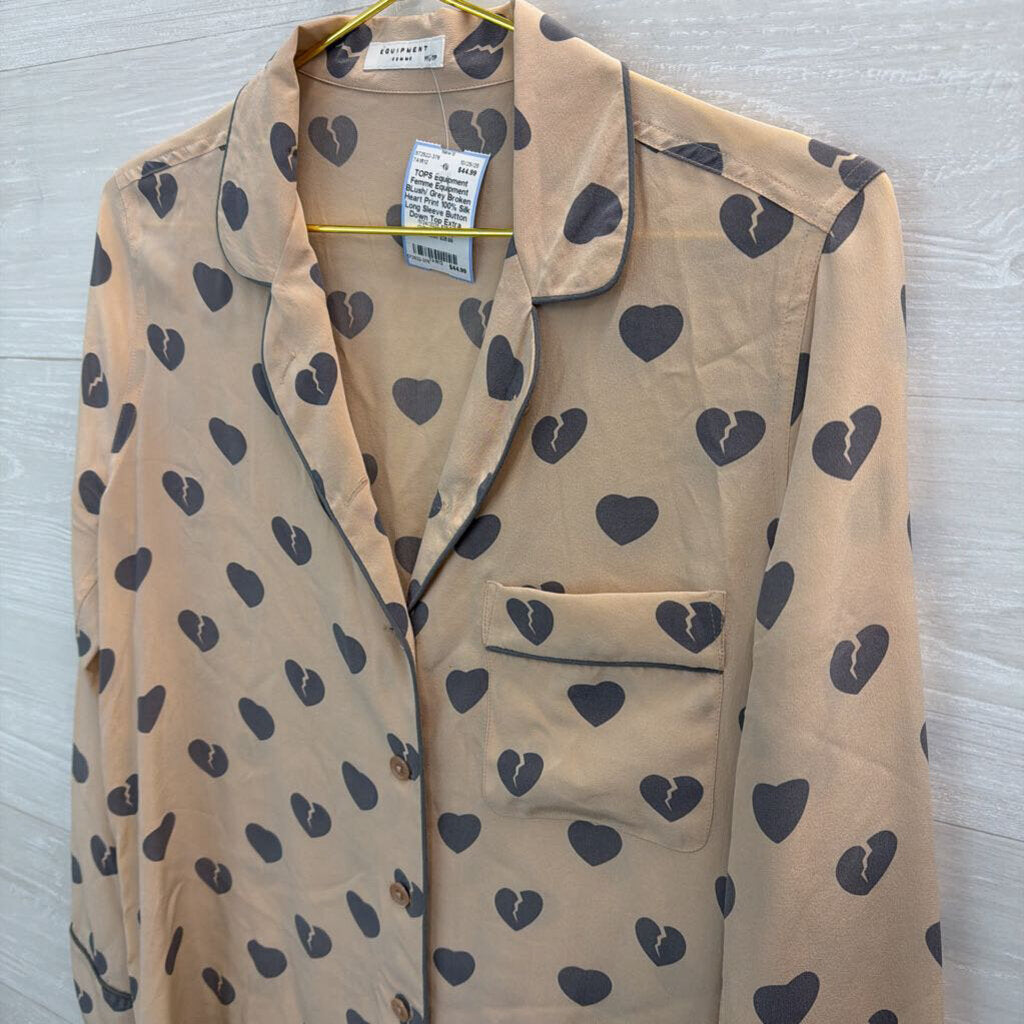 Equipment BLush/ Grey Broken Heart Print 100% Silk Long Sleeve Button Down Top Extra Small