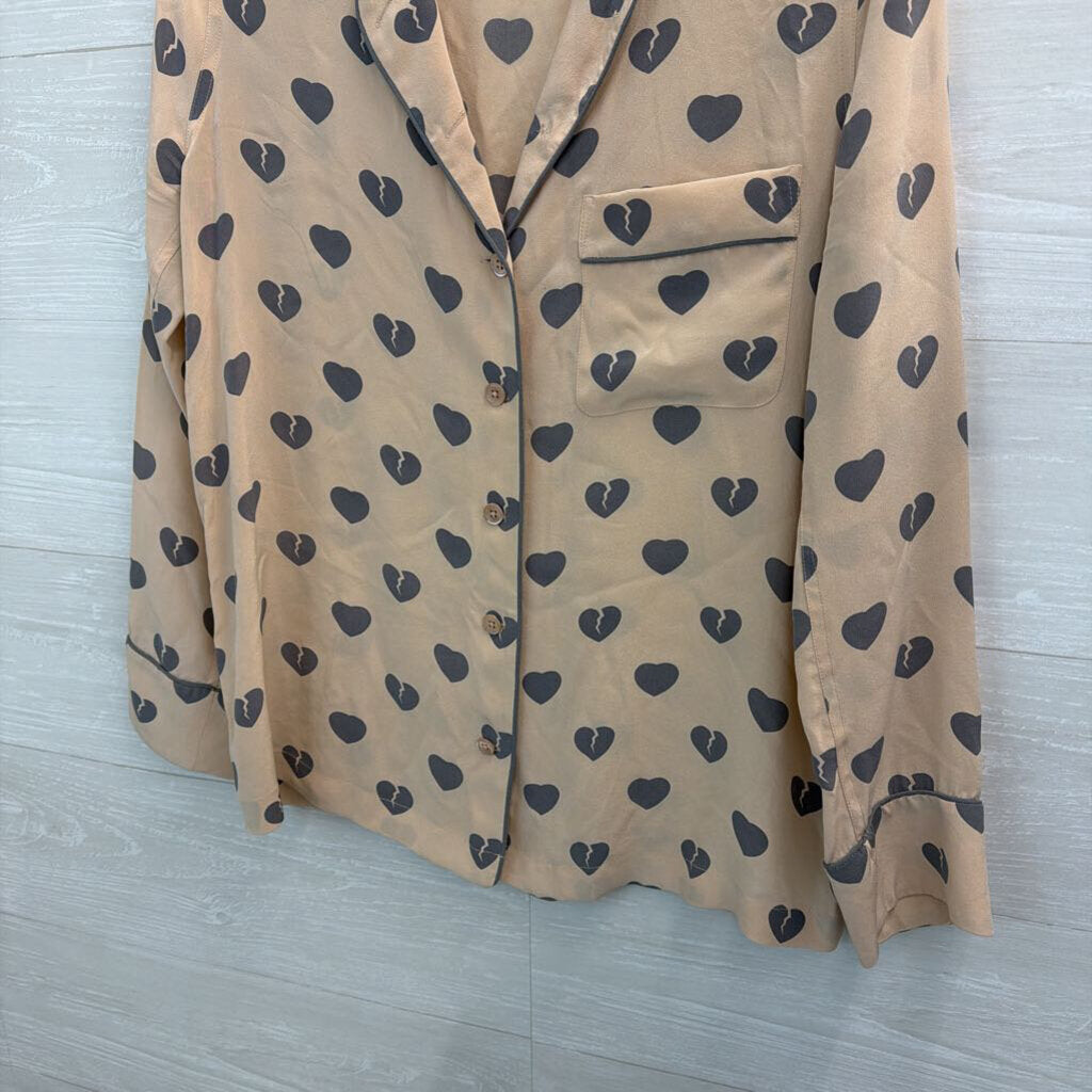 Equipment BLush/ Grey Broken Heart Print 100% Silk Long Sleeve Button Down Top Extra Small