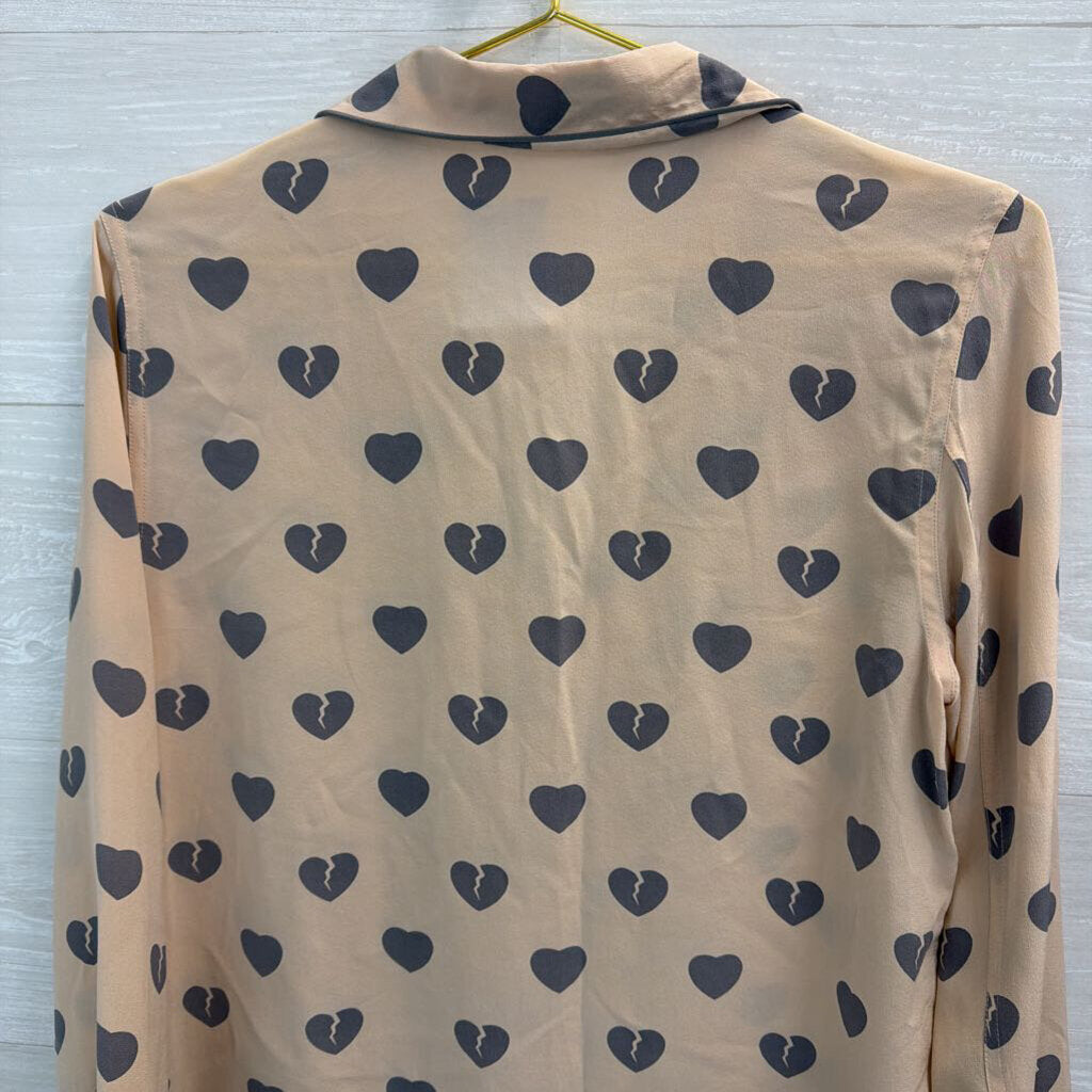 Equipment BLush/ Grey Broken Heart Print 100% Silk Long Sleeve Button Down Top Extra Small