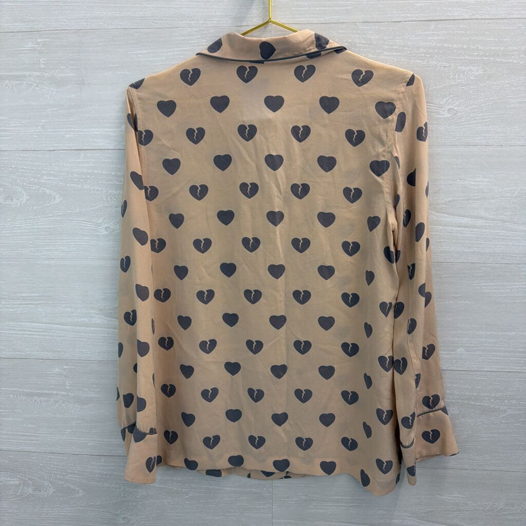 Equipment BLush/ Grey Broken Heart Print 100% Silk Long Sleeve Button Down Top Extra Small