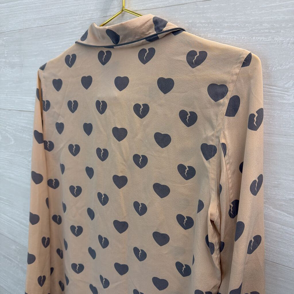 Equipment BLush/ Grey Broken Heart Print 100% Silk Long Sleeve Button Down Top Extra Small