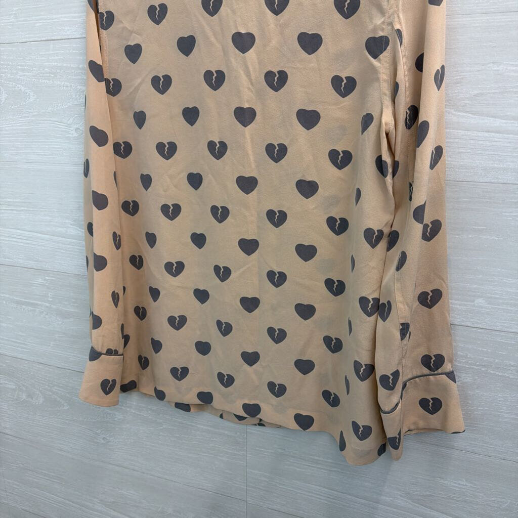 Equipment BLush/ Grey Broken Heart Print 100% Silk Long Sleeve Button Down Top Extra Small
