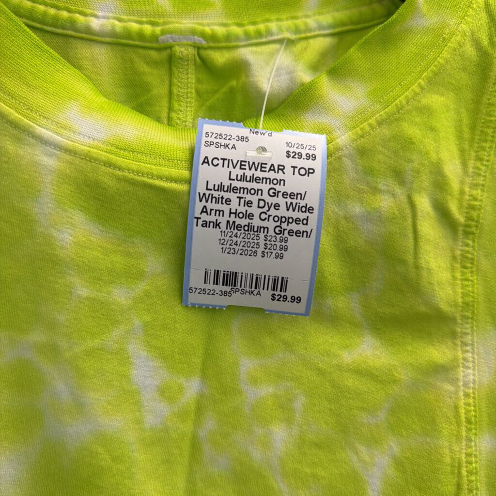 Lululemon Green/ White Tie Dye Wide Arm Hole Cropped Tank Medium