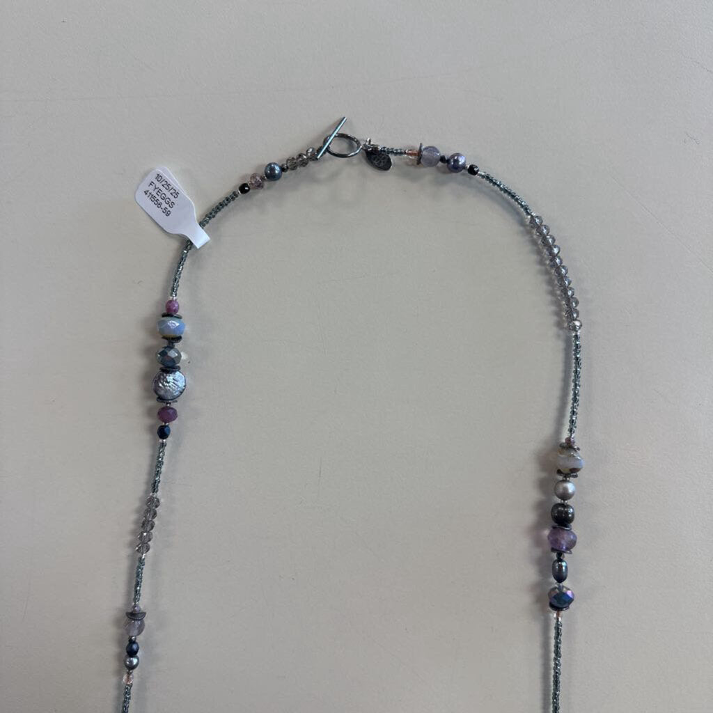 Anne Vaughan Silver Beaded Long Toggle Necklace