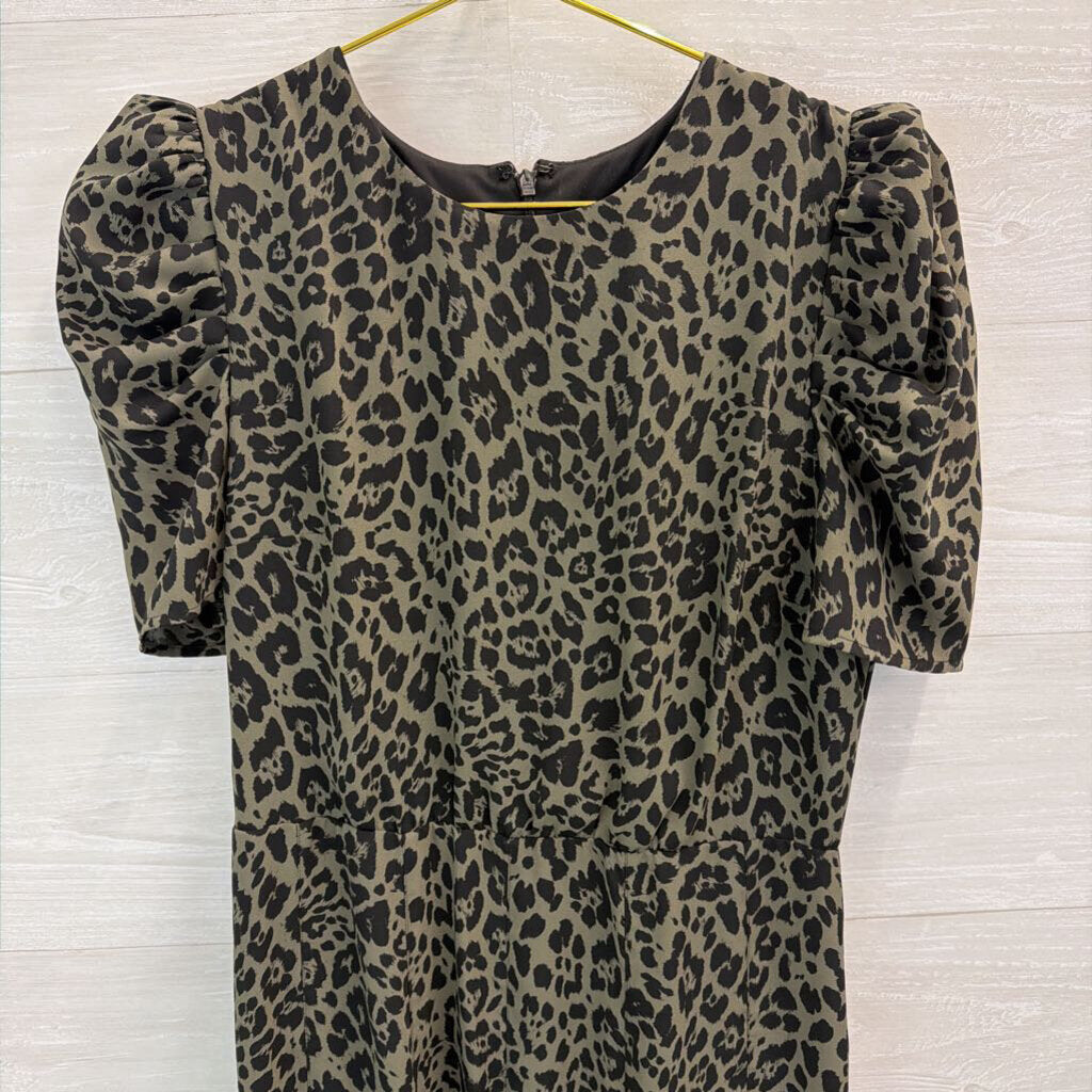 Express Green/ Black Leopard Print Short Puff Sleeve Dress Small