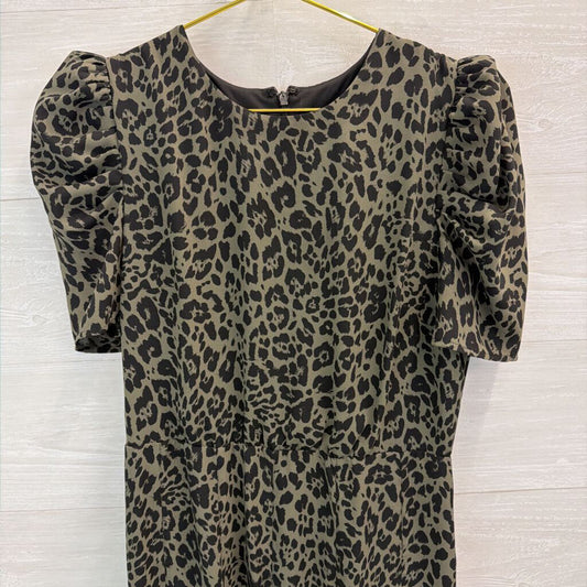 Express Green/ Black Leopard Print Short Puff Sleeve Dress Small