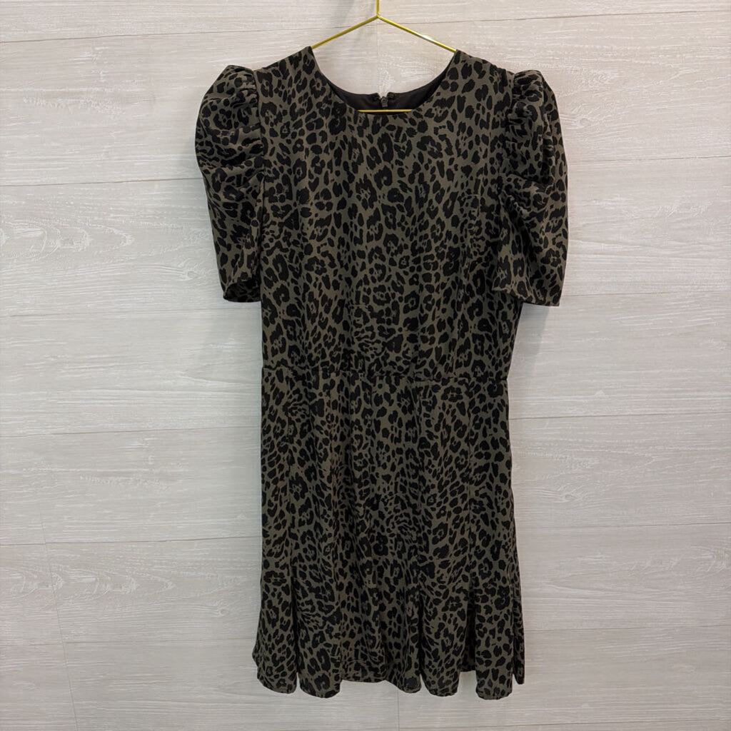 Express Green/ Black Leopard Print Short Puff Sleeve Dress Small