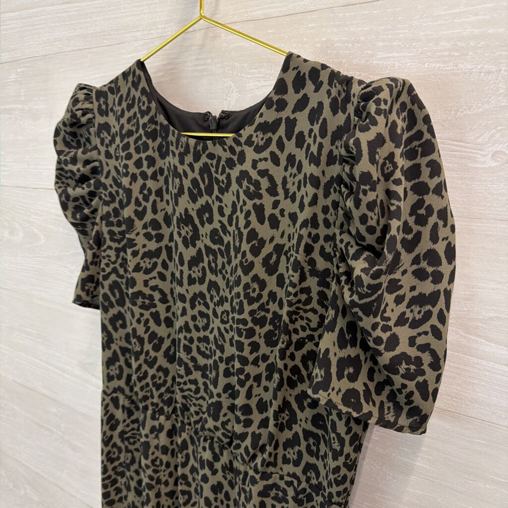Express Green/ Black Leopard Print Short Puff Sleeve Dress Small