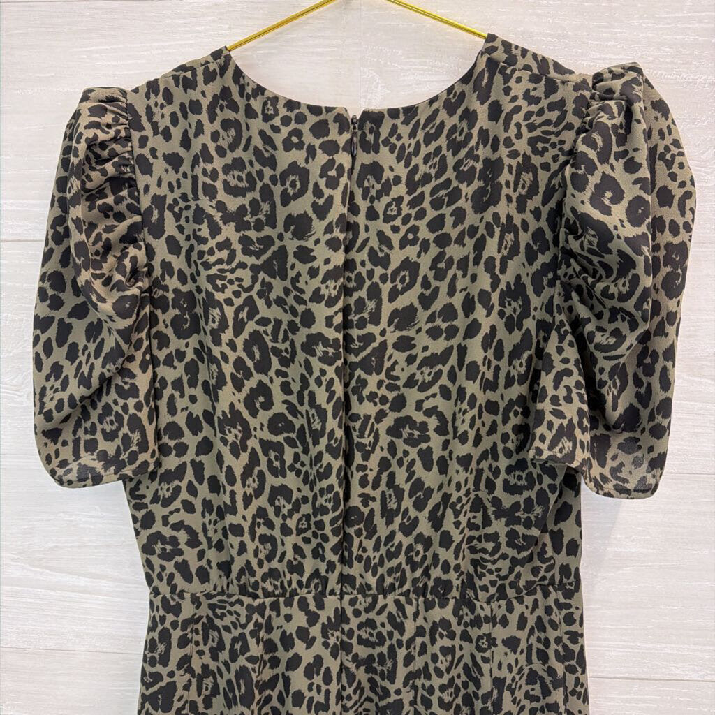 Express Green/ Black Leopard Print Short Puff Sleeve Dress Small
