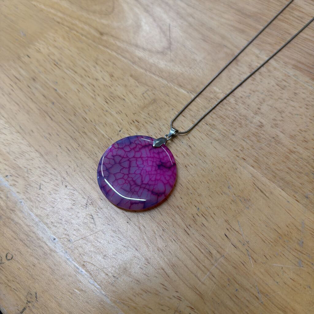 Pink/ Purple Medallion Necklace On Sterling Silver Chain