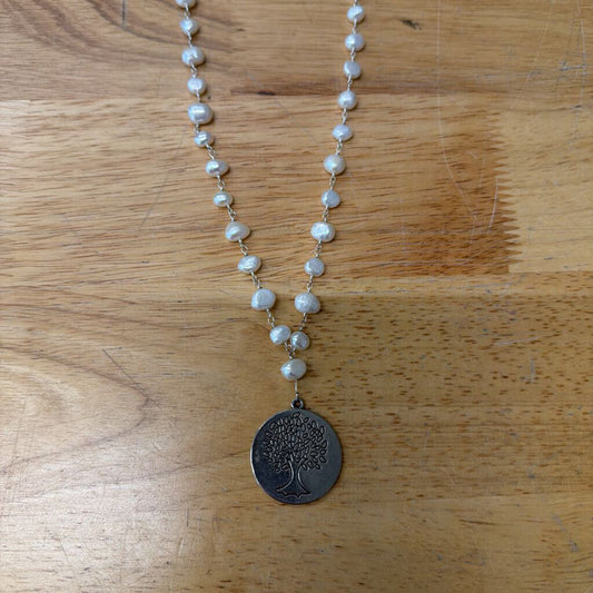 Silver/ Freshwater Pearl Tree Pendant Long Necklace