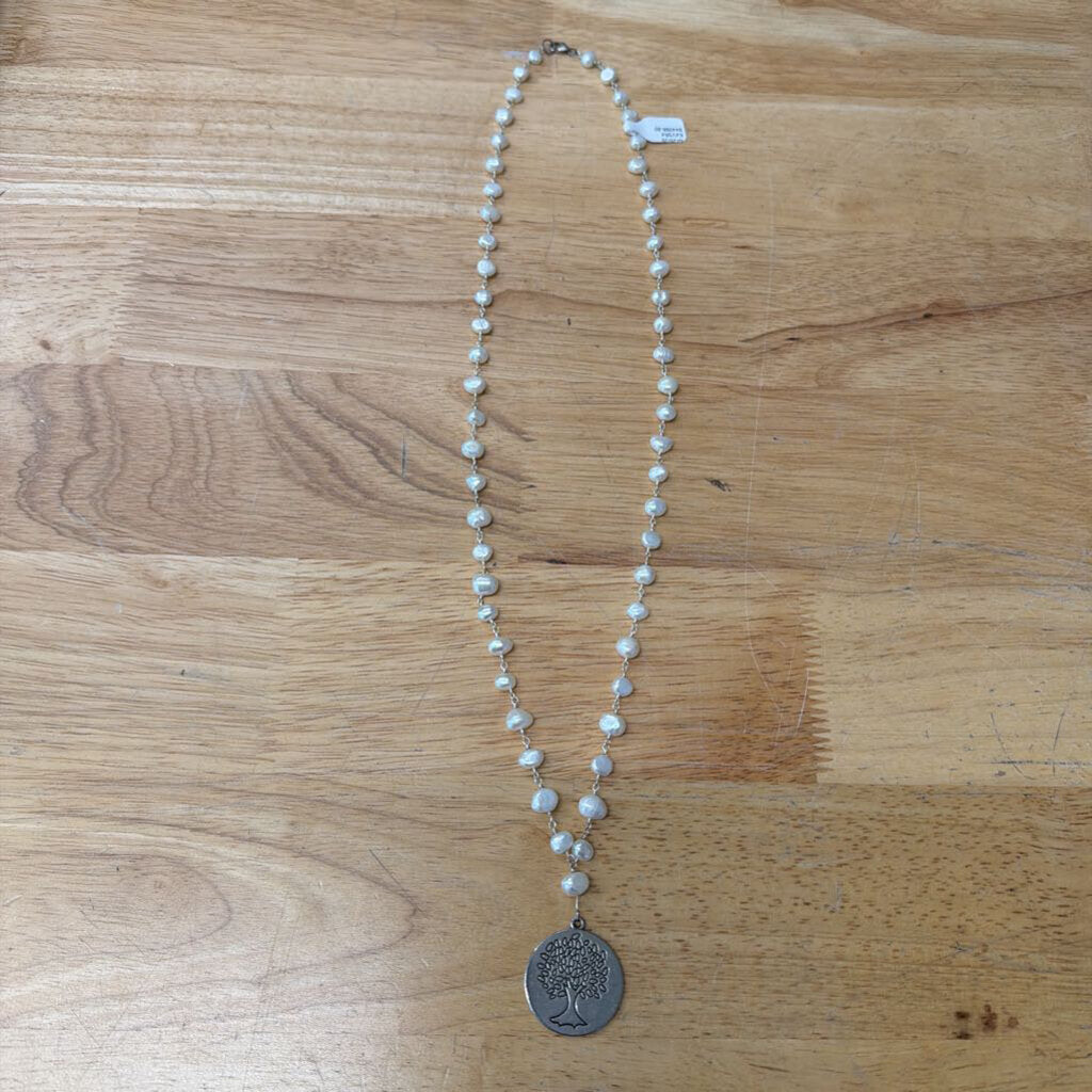 Silver/ Freshwater Pearl Tree Pendant Long Necklace