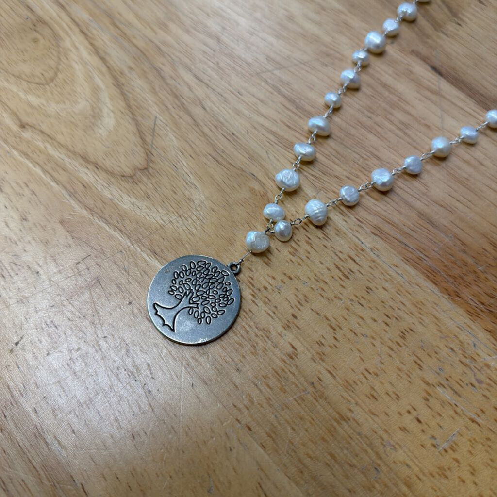 Silver/ Freshwater Pearl Tree Pendant Long Necklace