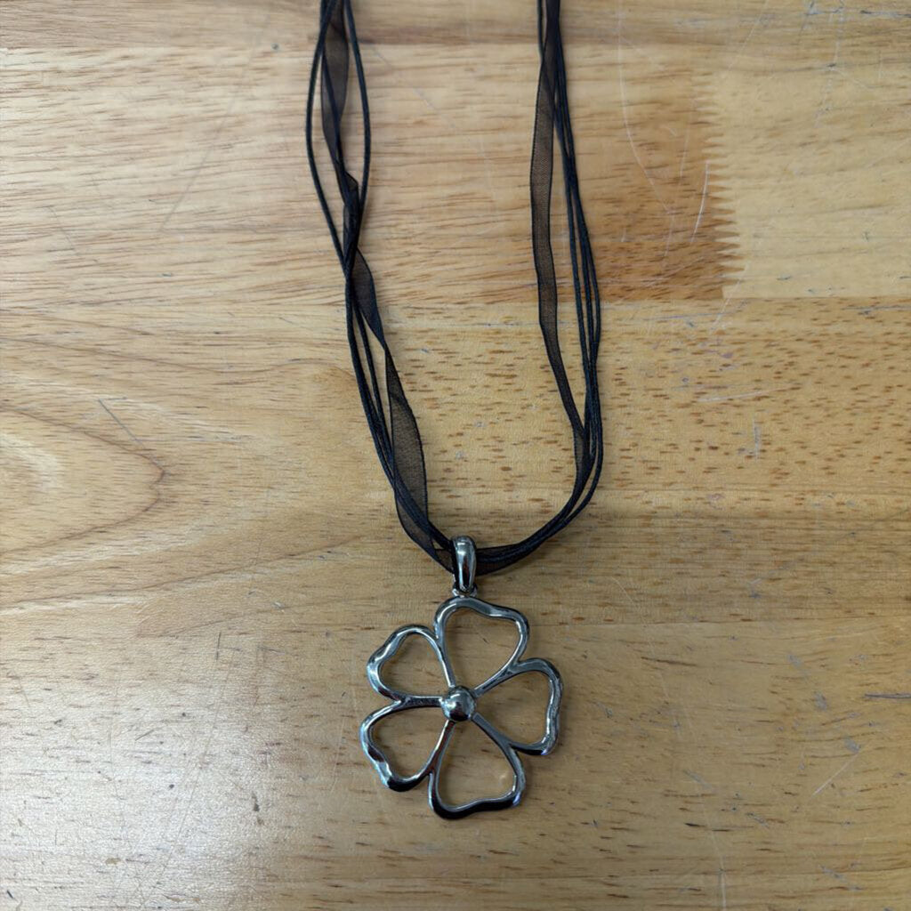 Black Ribbon/ Silver Flower Pendant Necklace
